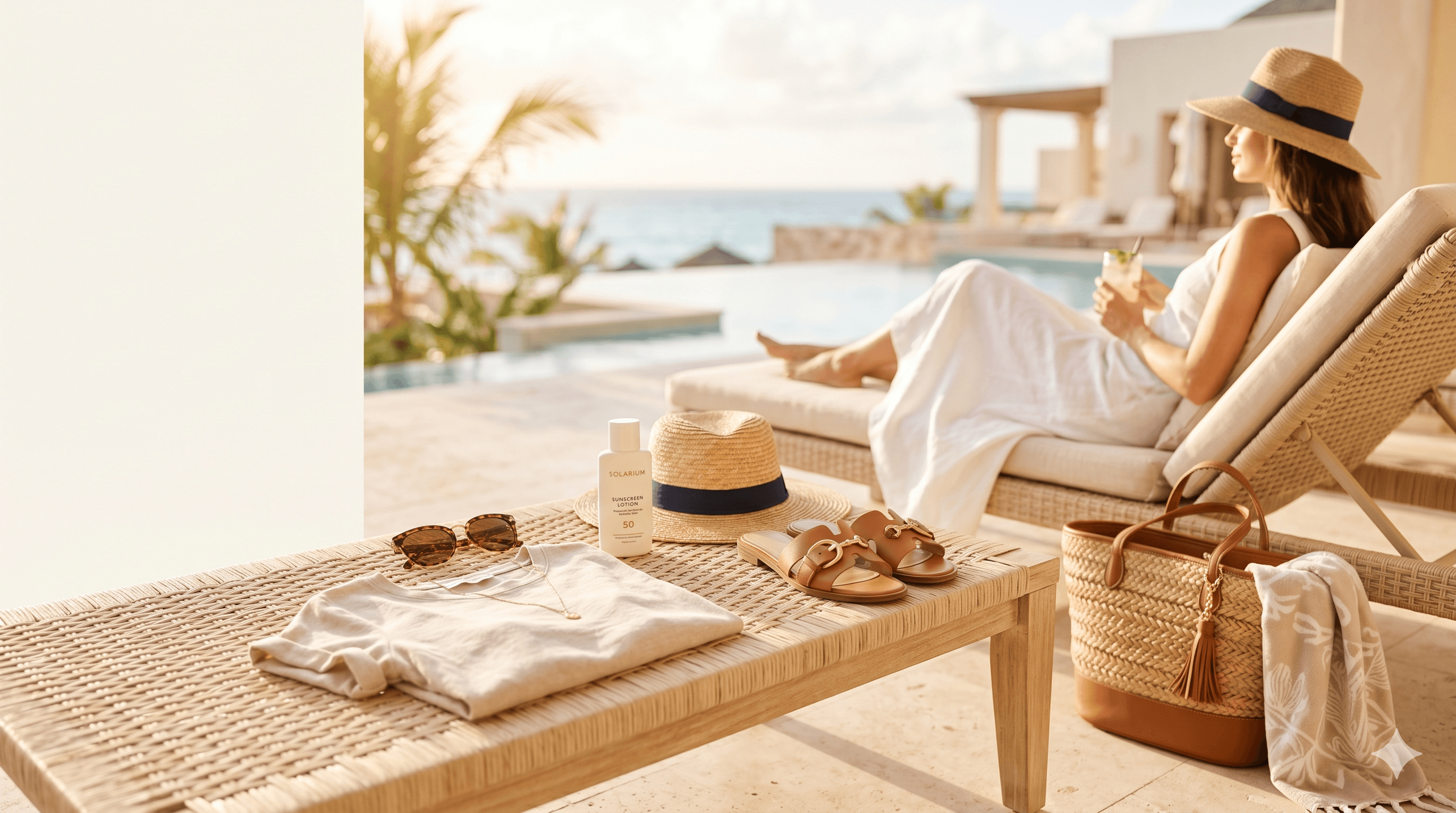 Premium summer essentials banner featuring sunglasses, sunscreen lotion, beach accessories and summer fashion items